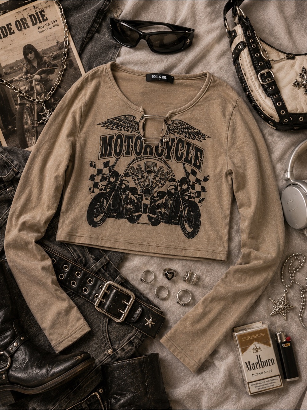 Dolls Kill Tan Long-Sleeve Motorcycle Graphic Lace-Up Crop Top